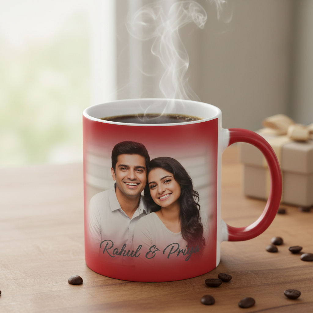 Personalized Magic Coffee Mug Red 11oz heat reveal with custom couple photo and name